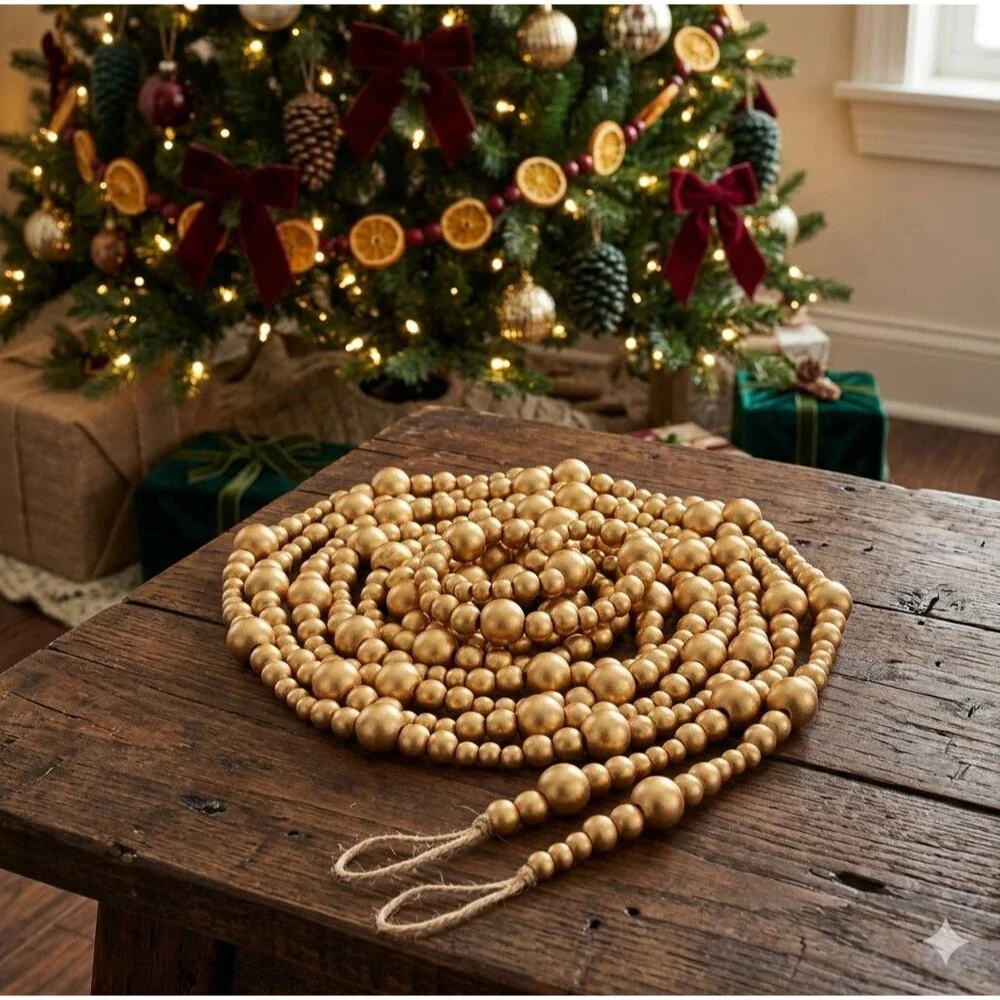 72 ft Antique Gold Wood Bead Garland 4pc Christmas Tree Farmhouse Rustic Decor
